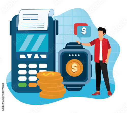 Smart watch payment concept. Man Using Smart watch for Contactless Payment at a Card Reader.