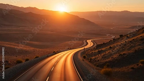 Golden Hour on a Winding Desert Road Leading to Distant Mountains