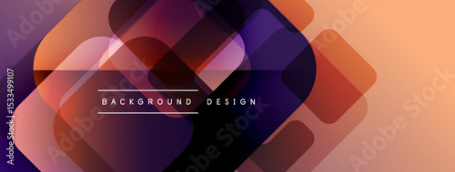 Abstract geometric shapes overlap, creating vibrant gradient effect. Design features purple, orange hues with text overlay. Modern, dynamic composition.