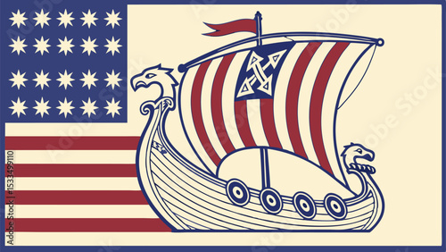 Illustration featuring a viking ship superimposed over an american flag design with stars and stripes