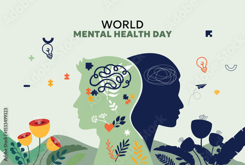 World Mental Health Day, Mental Health Cards. Your mental health is a priority. World Mental Health day, concept design with abstract human head profile, flowers, leaves and open door. Concept design.