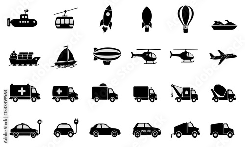 Extensive Transportation Silhouette Icon Set