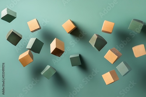 Suspended geometric blocks leaving motion trails in digital form.