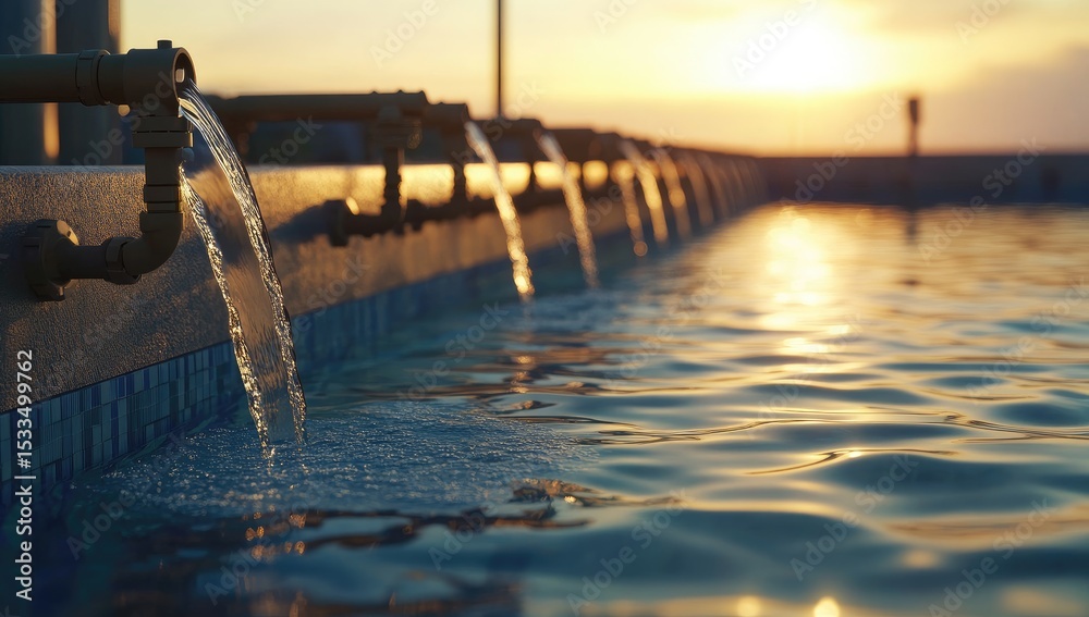 Fototapeta premium Desalination Concept at Sunset with Water Flow into Blue Pool