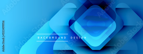 Abstract blue background. Geometric shapes overlap creating dynamic visual effect. Modern design elements present. Smooth gradients enhance depth.