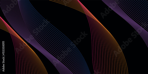 Smooth neon sound wave on black background. Abstract flowing wavy lines design for ai concept,equalizer, audio record, voice assistant. Blue pink orange purple vector eps10