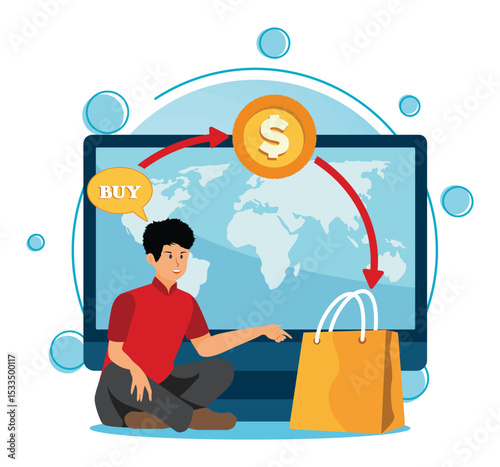Order processing concept. Man Exploring Online Shopping with World Map and Transaction Elements.