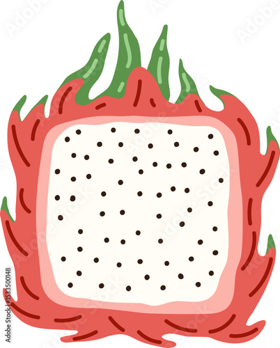 Artistic hand drawn illustration of square pitaya. Vector drawing of exotic fruit slice with seeds and pulp isolated on white background. Drawing of summer vegan dessert for your printing.