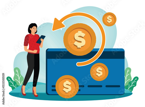 Chargeback concept. Woman receives money for paying for card.