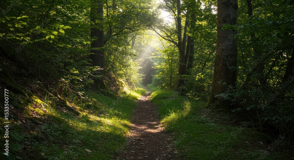 Obraz premium Sunlight Filtering Through Green Forest Trees Along Narrow Pathway