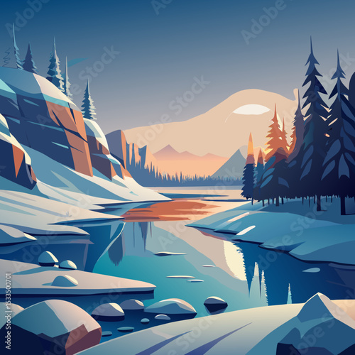 A frozen tundra landscape with low winter sun in northern Canada

