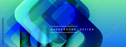 Abstract geometric shapes overlap. Blue, green gradients create modern background. Text reads background design. Smooth transitions visible.