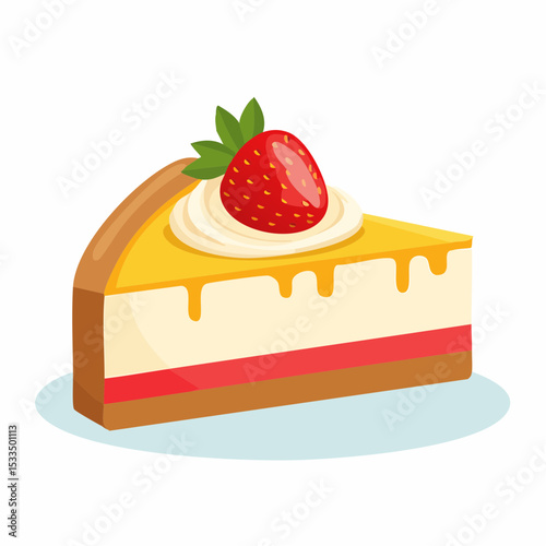 Sweet Slice of Paradise: A mouthwatering illustration of a cheesecake slice adorned with a vibrant strawberry, offering a visual delight of culinary artistry.