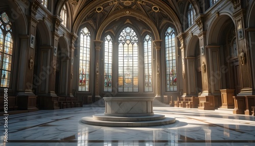 A grand cathedral bathed in sunlight evoking reverence and awe during a moment of serene contemplation featuring marble
