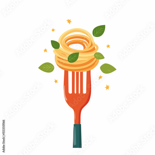 Pasta on a Fork: A delicious nest of pasta, adorned with fresh basil leaves, rests delicately on a fork, ready to be savored.