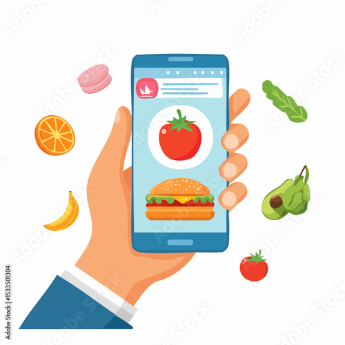 Mobile Food Ordering: A hand holds a smartphone displaying a food ordering app, surrounded by fresh fruits and vegetables. The image represents ease and convenience for customer