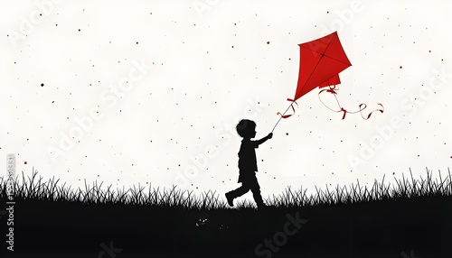 A child s silhouette joyfully runs through a field red kite dancing against the sky symbolizing freedom and carefree