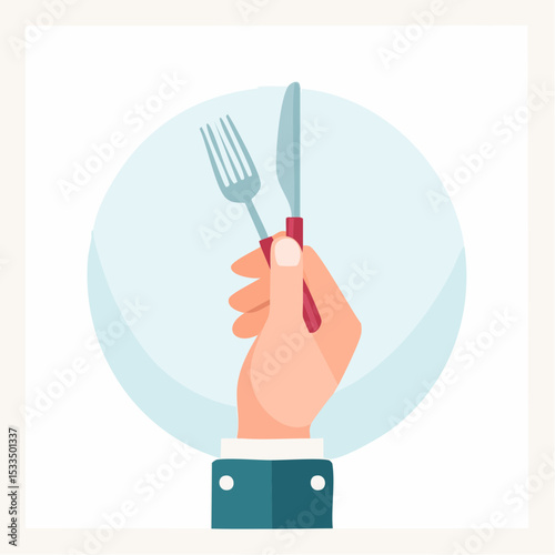 Elevated Dining: A stylized hand presents a poised fork and knife, emblems of culinary readiness and the promise of an exquisite meal.