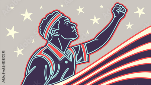 Illustration of a man with raised fist against a star filled background with striped flag elements