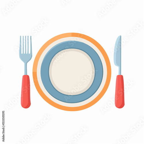 Dinnerware Setup: A top-down view of a pristine plate, accompanied by a matching fork and knife, ready for a delightful culinary experience.
