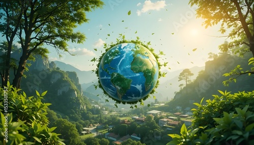 A vibrant Earth embraced by nature symbolizing hope for a greener future floating serenely amidst sunlit rolling hills
