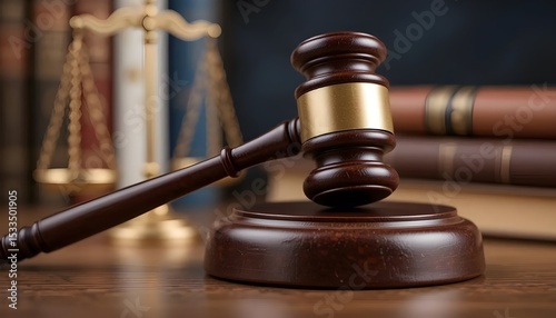 A dark wooden gavel resting on a sounding block symbolising the courtroom authority and legal procedures on a wooden