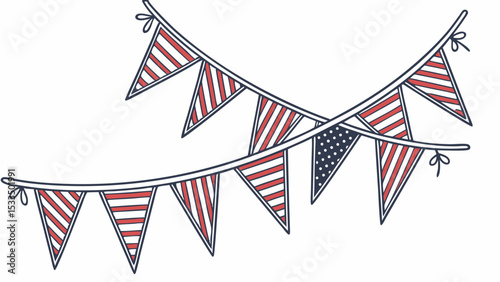 Illustration of two strings of patriotic bunting with stripes and one with polka dots hanging down