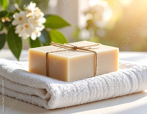 Spa still life with handmade soap and soft towels for natural wellness care