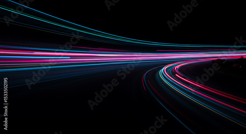 Abstract time lapse photography of light trails on a dark asphalt road Illuminated Roads Capturing the Essence of Motion and Speed at Night