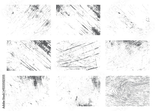 Collection of grunge textured overlays and grungy surface effects with scratches and wood grain for design elements