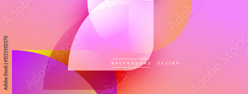 Abstract background features overlapping colorful shapes. Pink, purple, orange hues blend smoothly creating dynamic visual effect. Modern design element.