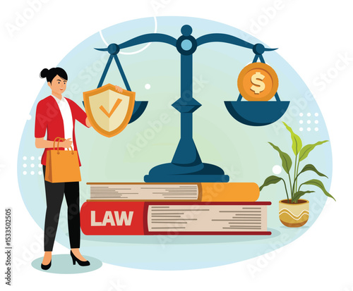 Consumer Law concept. Businesswoman Holding Shield with Justice Scales and Law Books .