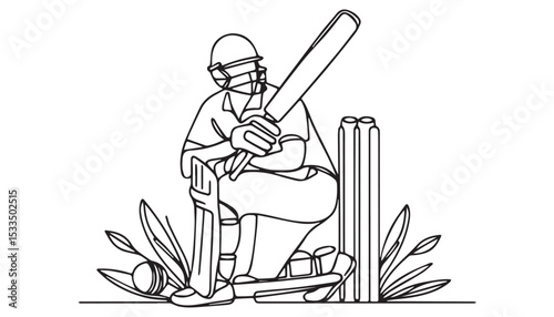Continuous one single minimal line drawing Cricket Player