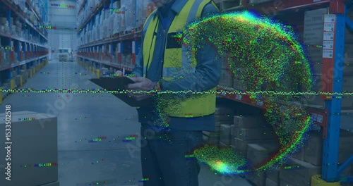 Warehouse clerk writing stock check, glitch animation swirling around clipboard verifying inventory
