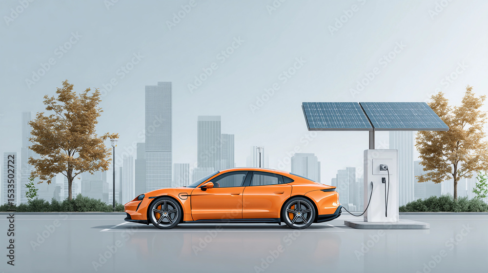 Fototapeta premium Vibrant Orange Car Parked on Urban Street Amidst Skyscrapers and City Life Creating a Lively Scene