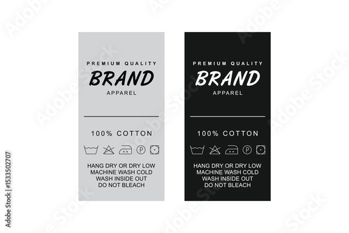 Modern Satin Clothing Label Template. Editable Black and White Apparel Tag with Wash Icons and Branding Area