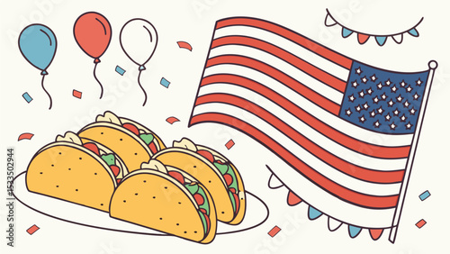 Illustration of tacos on a plate with american flag balloons and confetti for a festive celebration