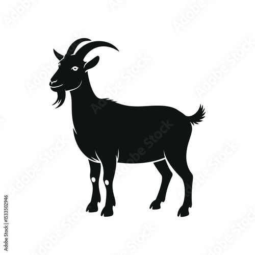 Goat Silhouette: Elegant black silhouette of a goat, standing majestically, ideal for logo, emblem or decorative purposes.  