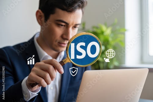 Businessperson examines iso certification through a magnifying glass.