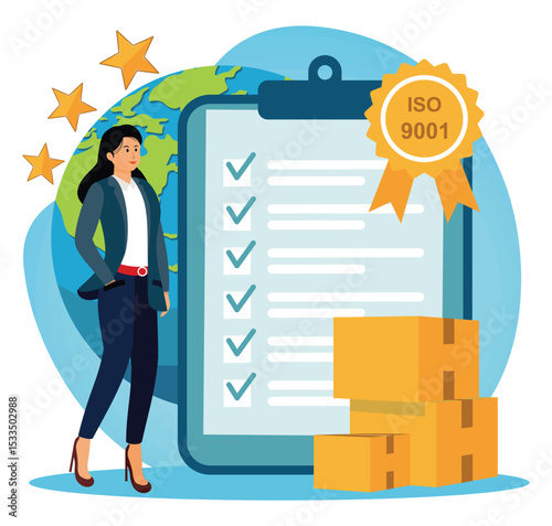 Product quality concept. Businesswoman check quality with passed checklist.