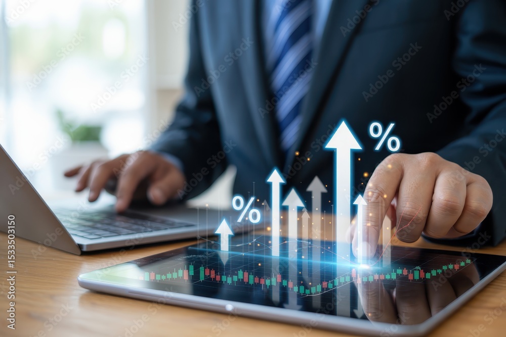 Businessperson interacting with digital financial charts on a tablet and laptop. Businessperson interacting with digital financial charts on a tablet and laptop.