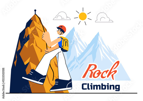 Rock Climbing Vector Illustration Featuring a Climber Ascending a Rock Wall or Mountain Cliffs as Part of Extreme Sports in a Flat Style Background