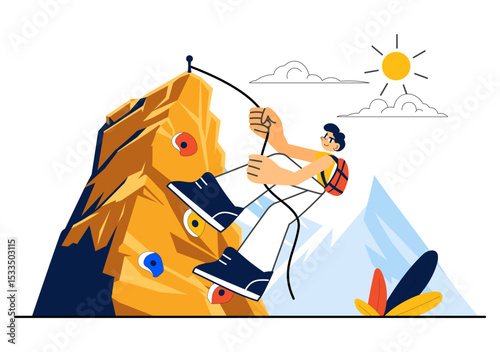 Rock Climbing Vector Illustration Featuring a Climber Ascending a Rock Wall or Mountain Cliffs as Part of Extreme Sports in a Flat Style Background