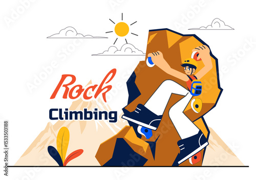 Rock Climbing Vector Illustration Featuring a Climber Ascending a Rock Wall or Mountain Cliffs as Part of Extreme Sports in a Flat Style Background