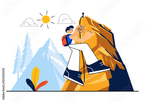 Rock Climbing Vector Illustration Featuring a Climber Ascending a Rock Wall or Mountain Cliffs as Part of Extreme Sports in a Flat Style Background