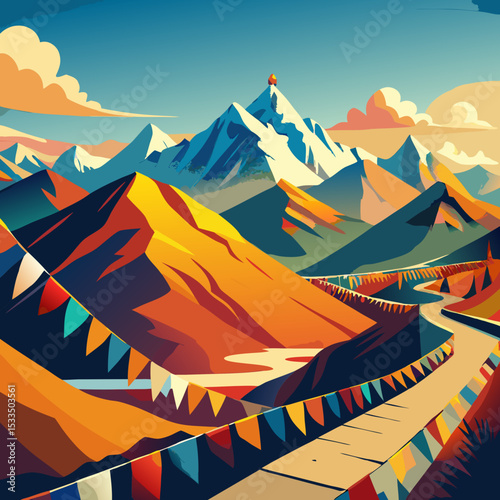 A high-altitude pass with prayer flags fluttering in Tibet

