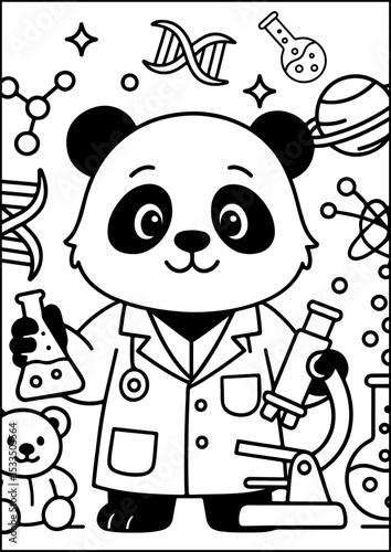 coloring page, This panda scientist is discovering amazing things in the lab. Bold cartoon-style line art.