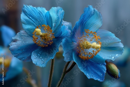 Electric blue Himalayan poppy on a blurred silver backdrop, rare and enchanting floral artwork