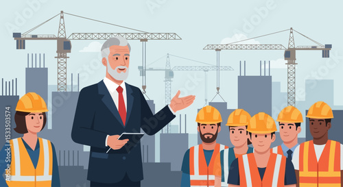 Construction Project Manager Leading Team at Site