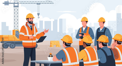Construction Site Meeting Foreman Leading Team Briefing